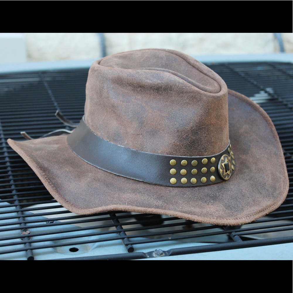 Men Brown Genuine Leather Western Cowboy Hat